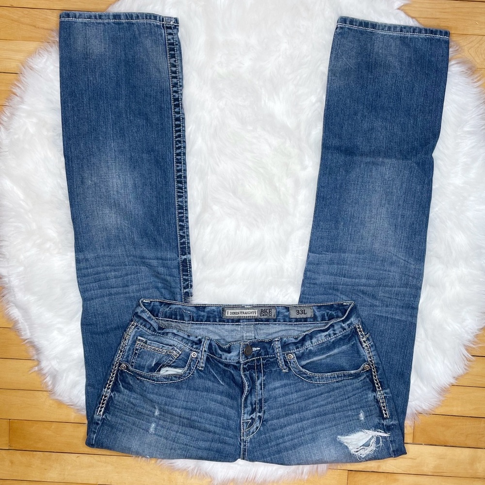BKE Derek Straight Distressed Mens Jeans Size 33L